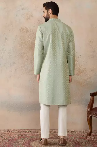 Mens teal jacquard ethnic motifs embroidered kurta with trouser
