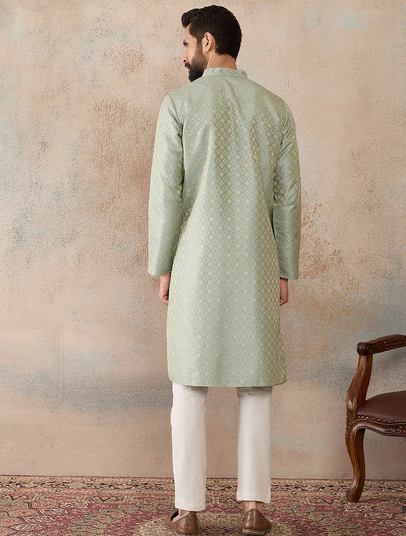 Mens teal jacquard ethnic motifs embroidered kurta with trouser