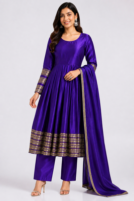 Purple silk blend   party wear embroidery anarkali suit set 1