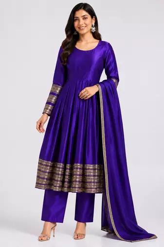 Purple silk blend   party wear embroidery anarkali suit set