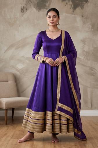 Purple silk blend   party wear embroidery anarkali suit set