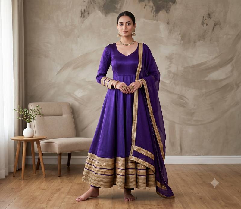 Purple silk blend   party wear embroidery anarkali suit set