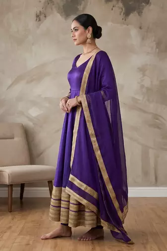 Purple silk blend   party wear embroidery anarkali suit set