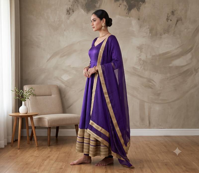 Purple silk blend   party wear embroidery anarkali suit set
