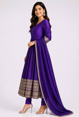Purple silk blend   party wear embroidery anarkali suit set 2