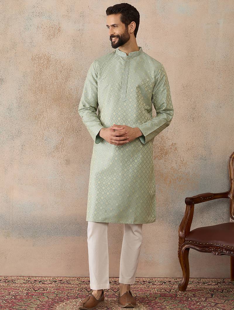 Mens teal jacquard ethnic motifs embroidered kurta with trouser
