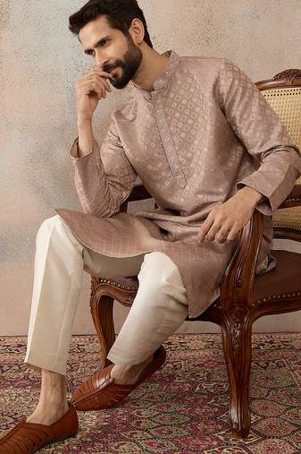 Mens taupe jacquard ethnic motifs embroidered kurta with trouser