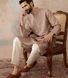 Mens taupe jacquard ethnic motifs embroidered kurta with trouser