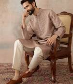 Mens taupe jacquard ethnic motifs embroidered kurta with trouser