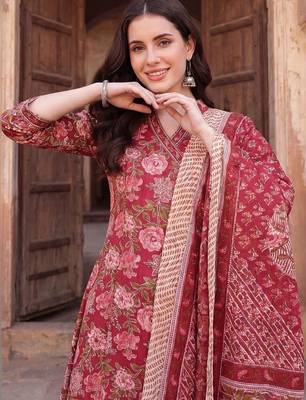 Women Floral Printed Regular Pure Cotton Kurta with Trousers & With Dupatta 2