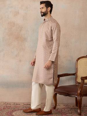 Mens taupe jacquard ethnic motifs embroidered kurta with trouser 3
