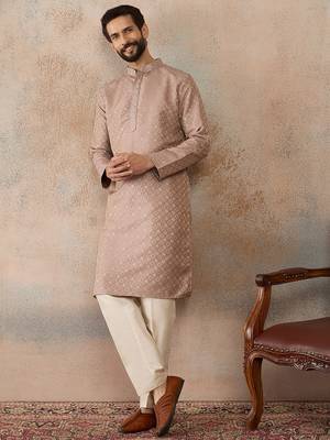 Mens taupe jacquard ethnic motifs embroidered kurta with trouser 5
