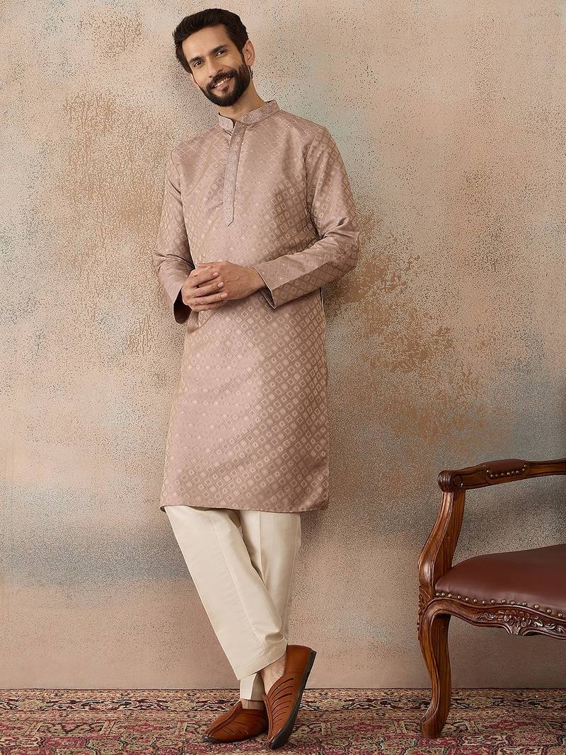 Mens taupe jacquard ethnic motifs embroidered kurta with trouser
