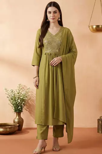 Women Ethnic Motifs Embroidered Regular Mirror Work Kurta with Trousers & With Dupatta