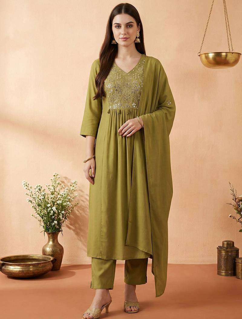 Women Ethnic Motifs Embroidered Regular Mirror Work Kurta with Trousers & With Dupatta