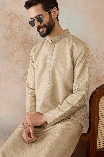 Mens olive jacquard ethnic motifs embroidered kurta with trouser