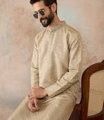 Mens olive jacquard ethnic motifs embroidered kurta with trouser