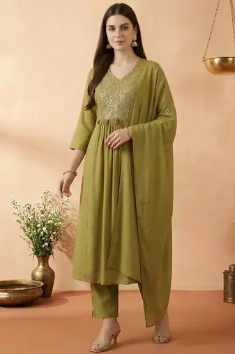 Women Ethnic Motifs Embroidered Regular Mirror Work Kurta with Trousers & With Dupatta