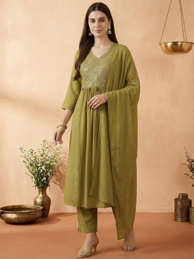 Women Ethnic Motifs Embroidered Regular Mirror Work Kurta with Trousers & With Dupatta