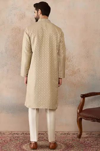 Mens olive jacquard ethnic motifs embroidered kurta with trouser