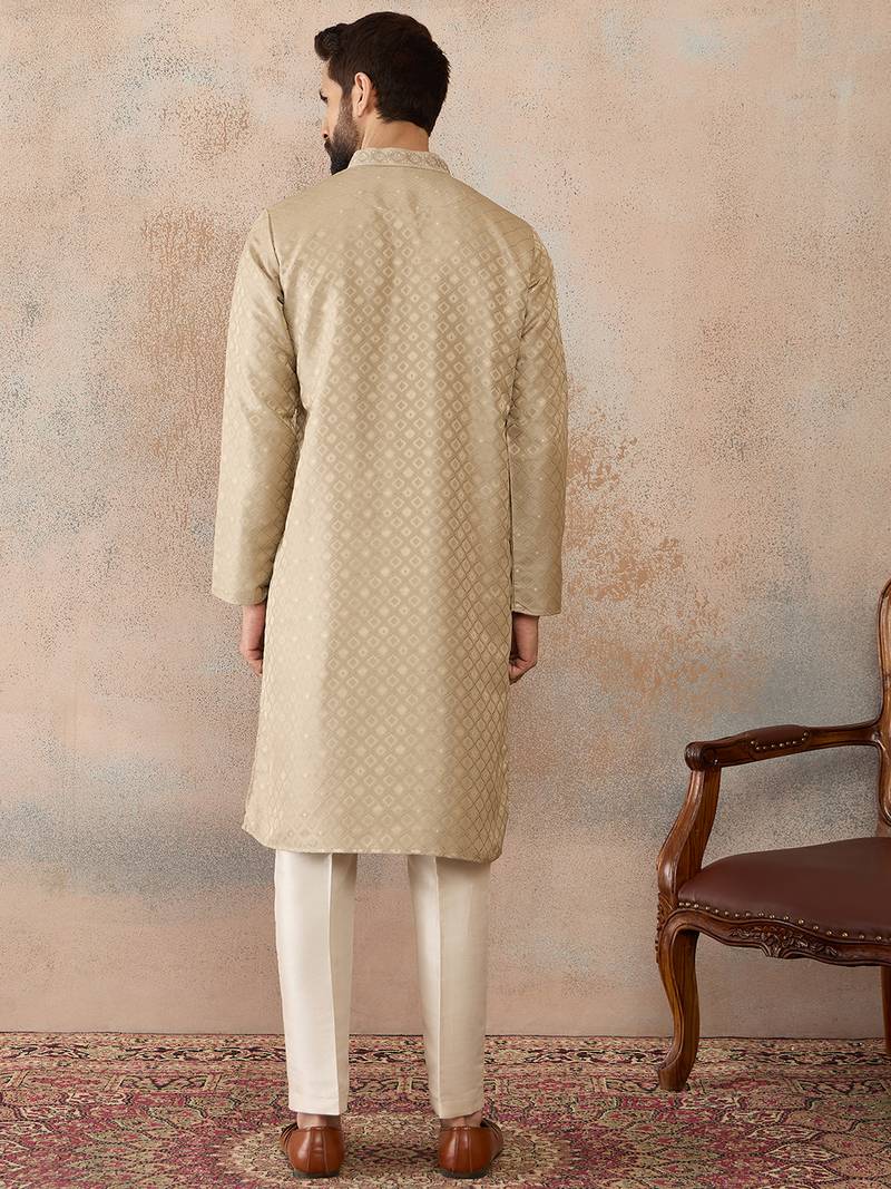 Mens olive jacquard ethnic motifs embroidered kurta with trouser