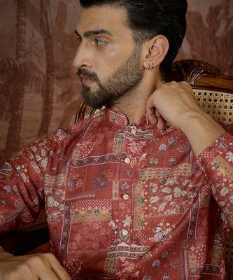 Mens silk blend pink abstract printed kurta with trouser 2