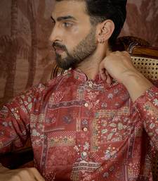 Mens silk blend pink abstract printed kurta with trouser