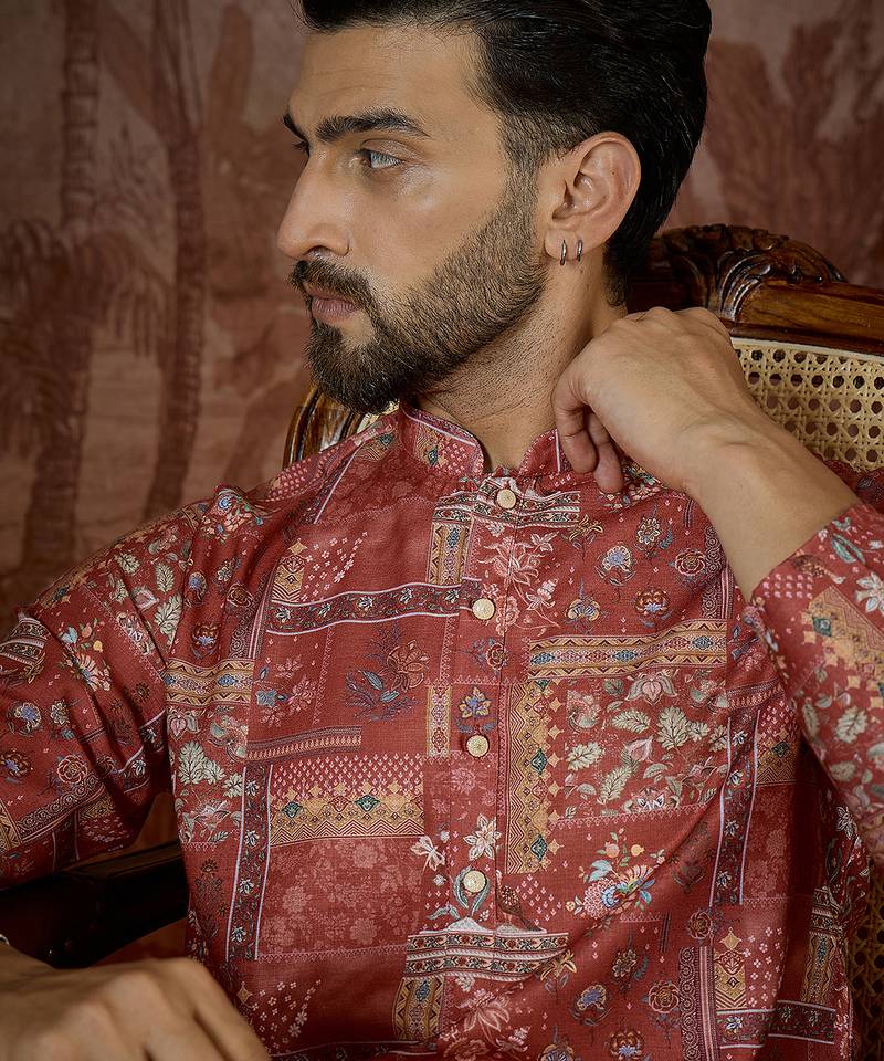 Mens silk blend pink abstract printed kurta with trouser