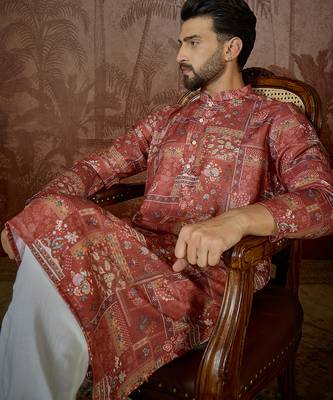 Mens silk blend pink abstract printed kurta with trouser 3