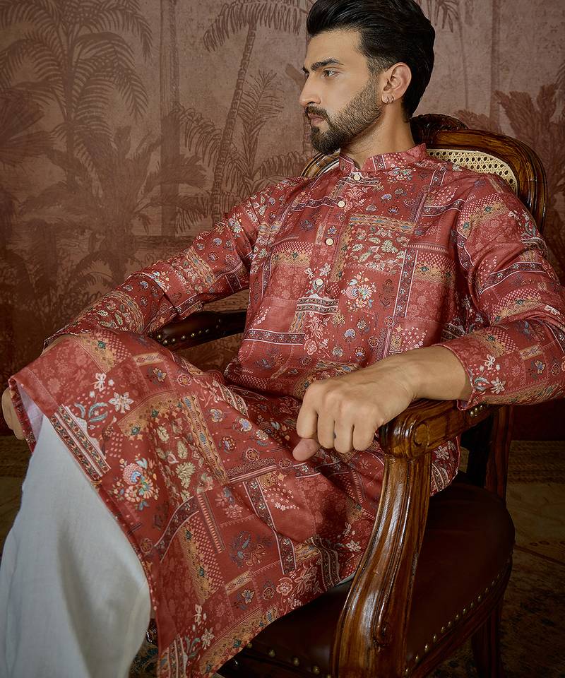 Mens silk blend pink abstract printed kurta with trouser