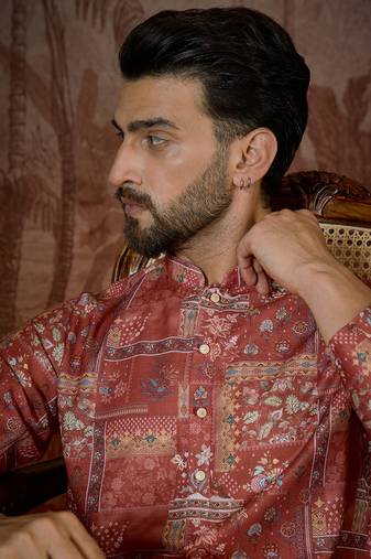 Mens silk blend pink abstract printed kurta with trouser