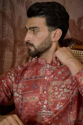 Mens silk blend pink abstract printed kurta with trouser