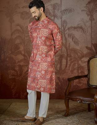 Mens silk blend pink abstract printed kurta with trouser 1