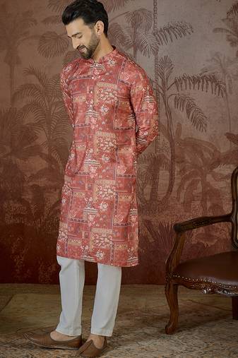 Mens silk blend pink abstract printed kurta with trouser