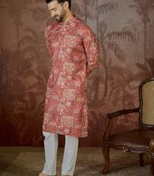 Mens silk blend pink abstract printed kurta with trouser