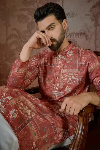 Mens silk blend pink abstract printed kurta with trouser