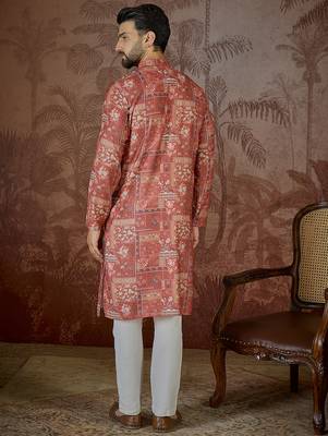 Mens silk blend pink abstract printed kurta with trouser 4