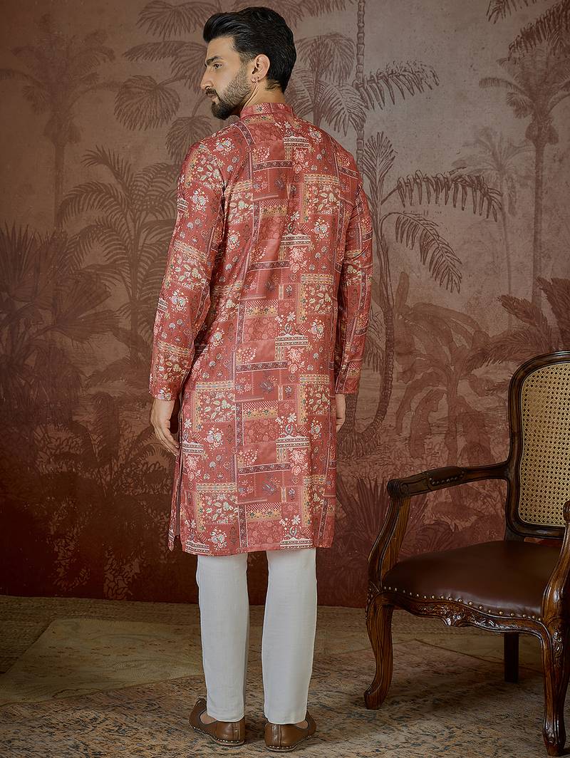 Mens silk blend pink abstract printed kurta with trouser