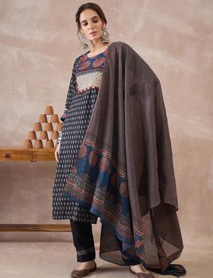 Women Ethnic Motifs Printed Regular Pure Cotton Kurta with Trousers & With Dupatta 1