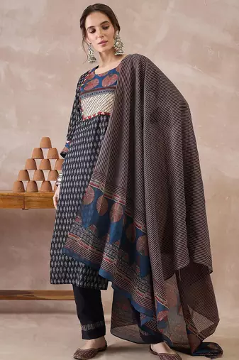 Women Ethnic Motifs Printed Regular Pure Cotton Kurta with Trousers & With Dupatta
