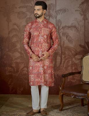 Mens silk blend pink abstract printed kurta with trouser 5