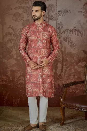 Mens silk blend pink abstract printed kurta with trouser