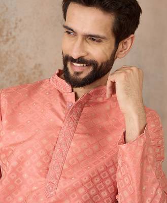 Mens coral jacquard ethnic motifs embroidered kurta with trouser 2