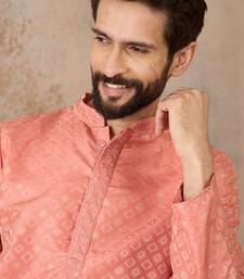 Mens coral jacquard ethnic motifs embroidered kurta with trouser