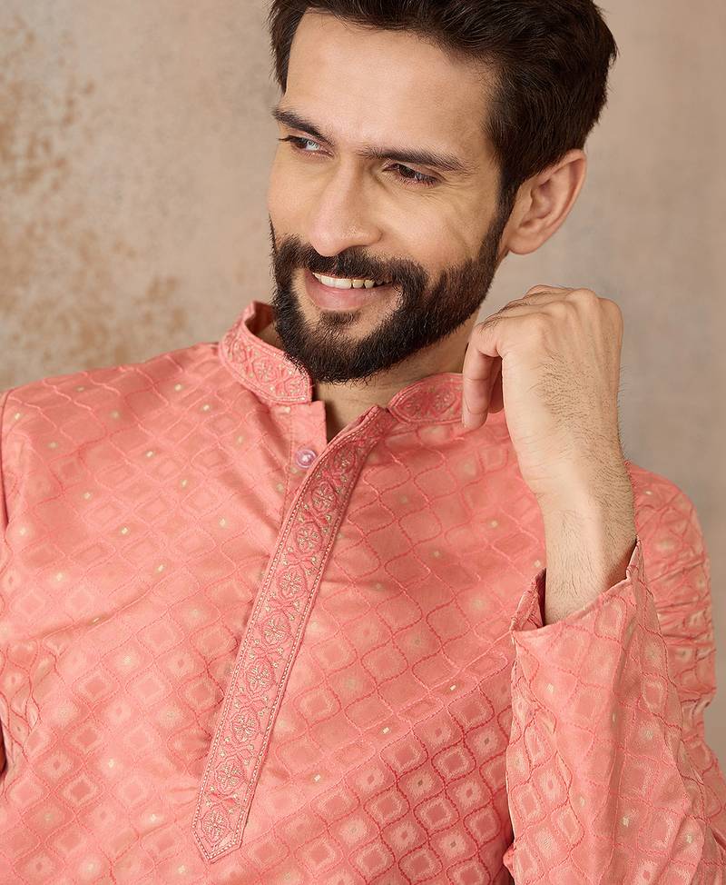 Mens coral jacquard ethnic motifs embroidered kurta with trouser