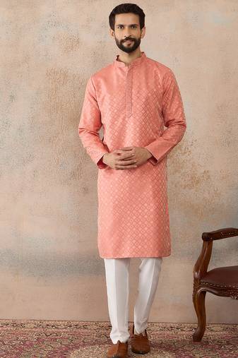 Mens coral jacquard ethnic motifs embroidered kurta with trouser