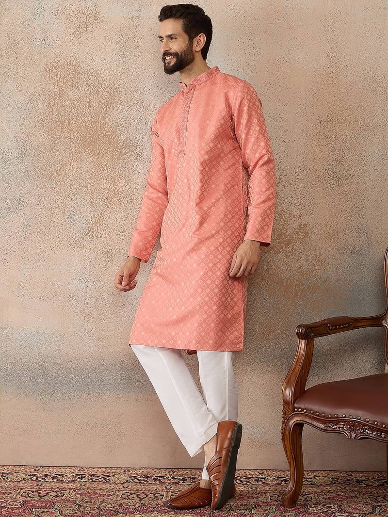 Mens coral jacquard ethnic motifs embroidered kurta with trouser