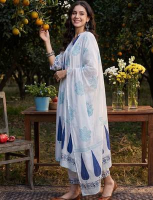 Women Ethnic Motifs Printed Regular Pure Cotton Kurta with Trousers & With Dupatta 3