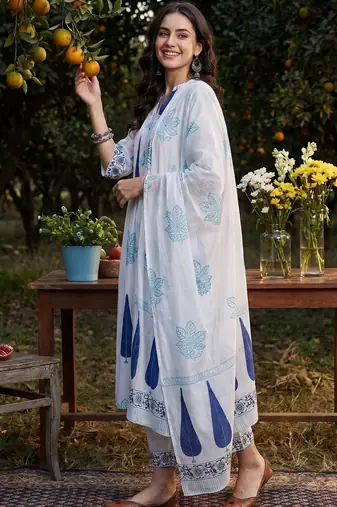 Women Ethnic Motifs Printed Regular Pure Cotton Kurta with Trousers & With Dupatta