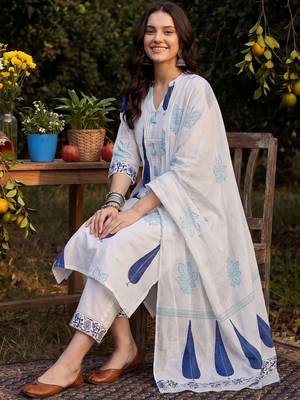 Women Ethnic Motifs Printed Regular Pure Cotton Kurta with Trousers & With Dupatta 5